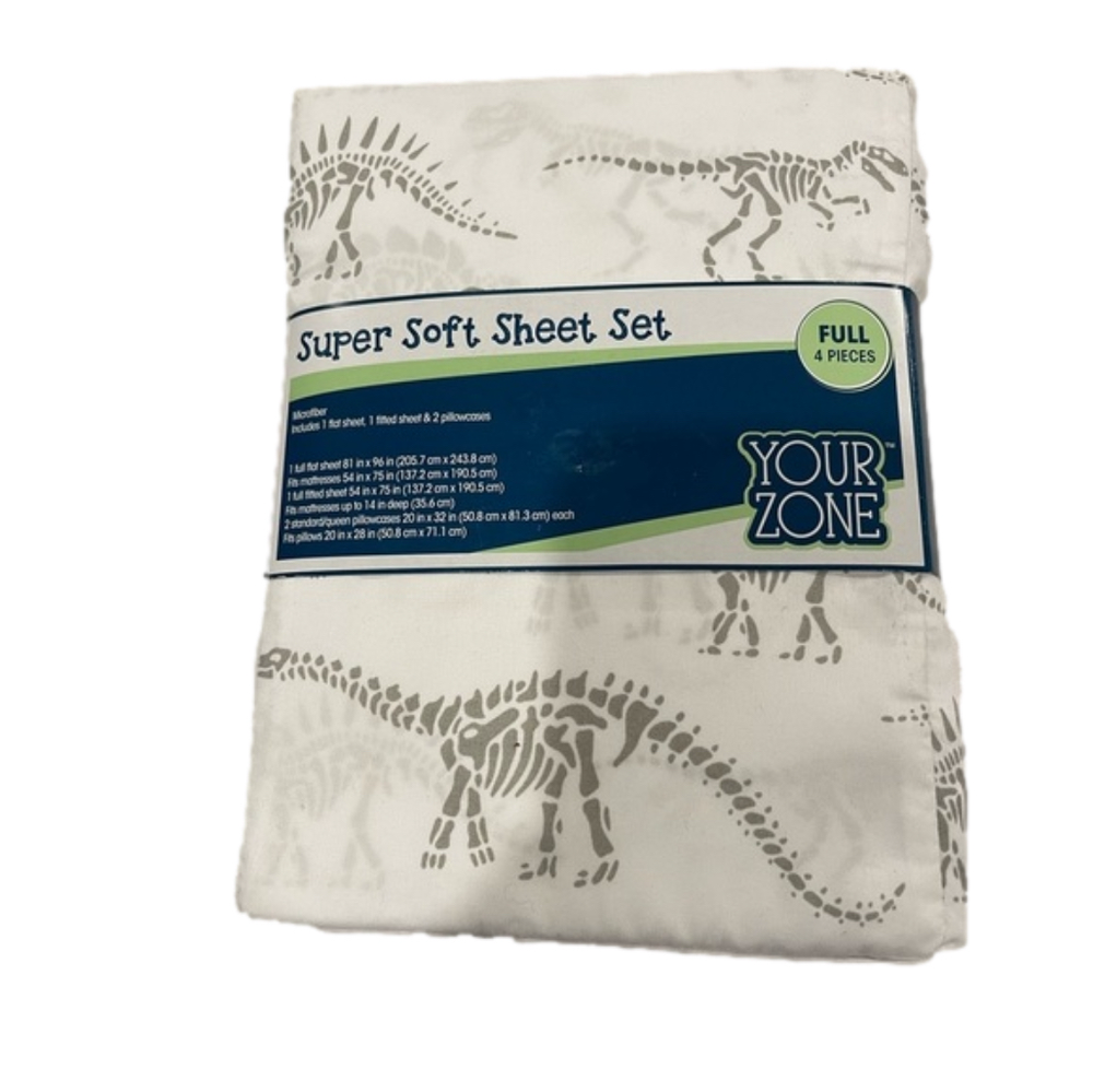 Dinosaur sheet set skeletons fossils grey & white microfiber full size, 4-piece